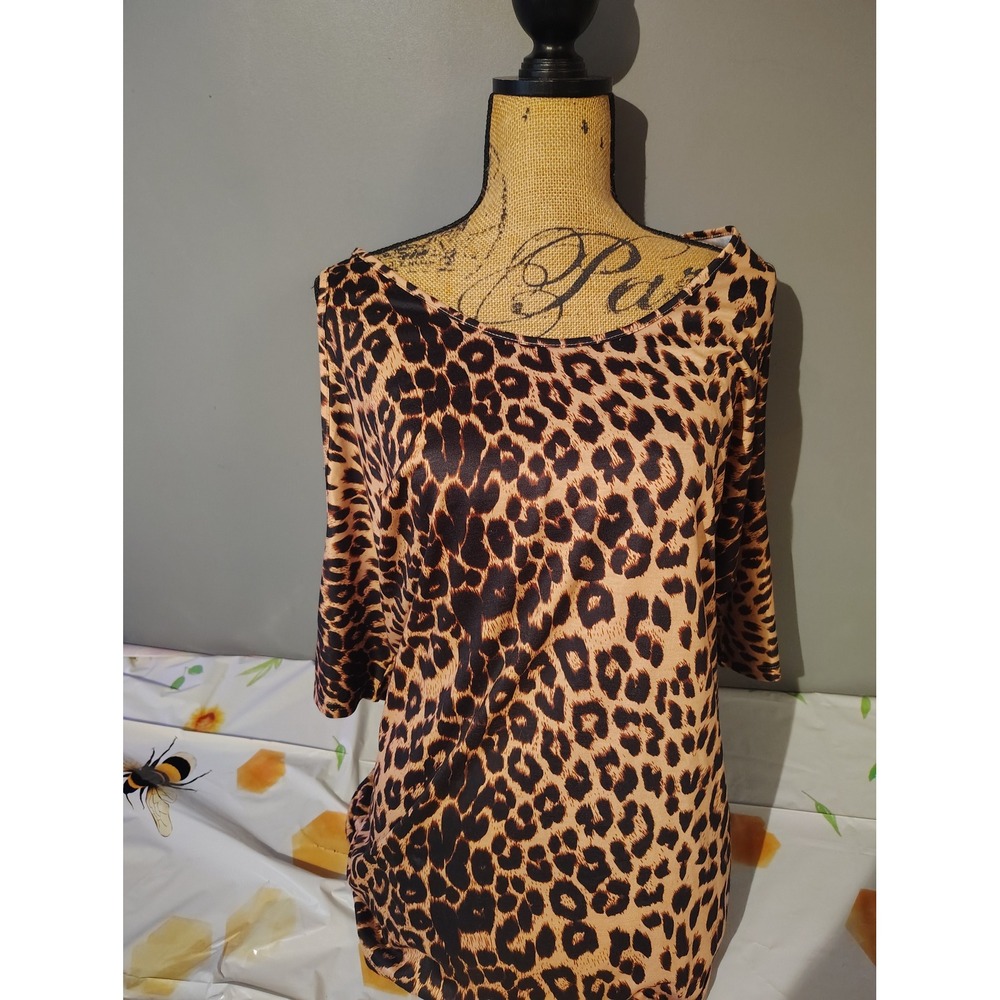 Leopard Print Cage Sleeve Scoop Neck Top Brown Black 2XL